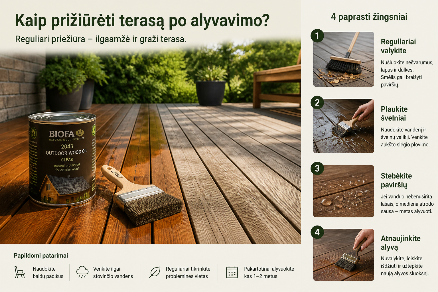 Kaip prižiūrėti medinę terasą po alyvavimo – Biofa 2043 lauko alyvos naudojimas ir priežiūros žingsniai
